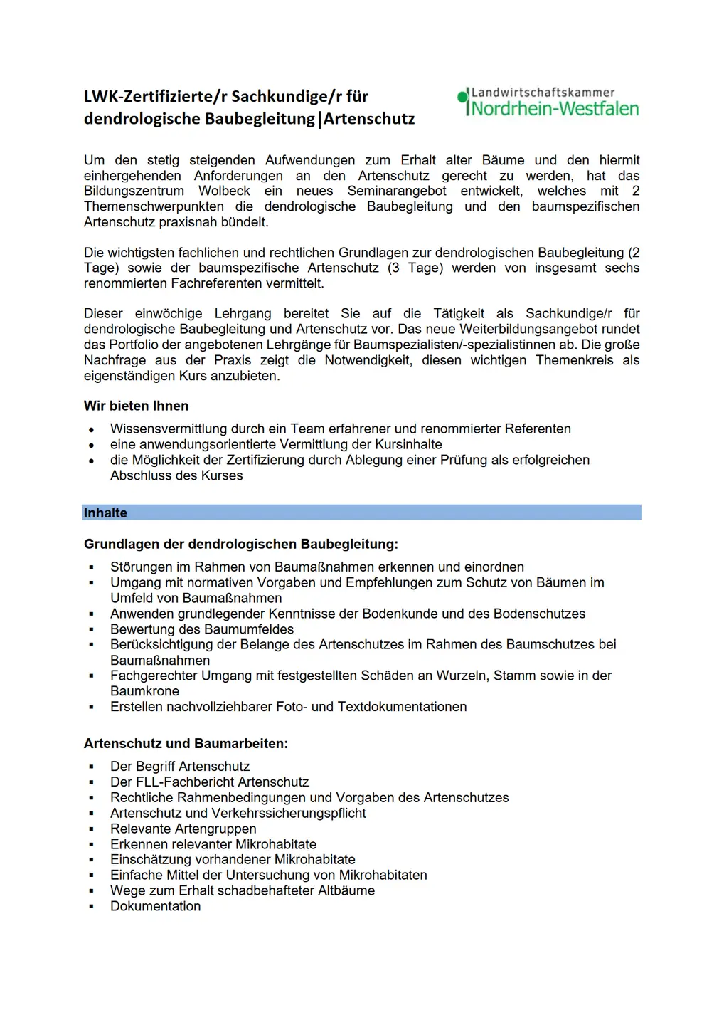 Screenshot zur Lehrgangsinformation für Dendrologische Baubegleitung/Artenschutz