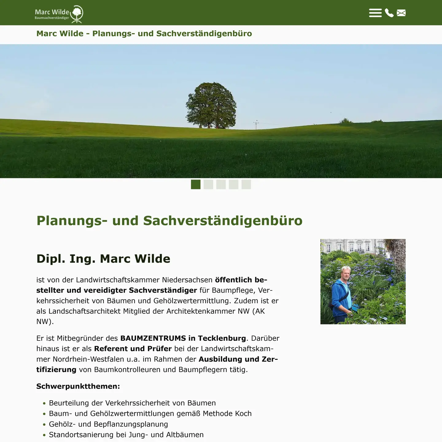 Ansicht der neuen Website,
 mit Header (Logo,
 Navigation,
 Slogan Planungs- und Sachverständigenbüro),
 darunter ein Slider mit verschiedenen Bildern und ersten Informationen zur Website